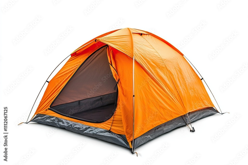 An orange camping tent is set up on a white background