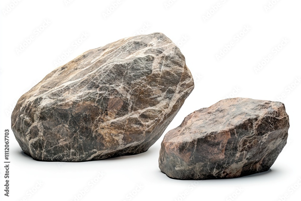 Two large, textured rocks displaying natural patterns on a plain white background, captured in bright lighting for clarity and detail Two large, textured rocks displaying natural patterns on a plain white background, captured in bright lighting for clarity and detail
