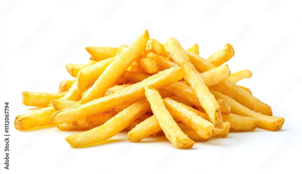 A generous pile of freshly cooked French fries on a white background ready for snacking or pairing with meals anytime A generous pile of freshly cooked French fries on a white background ready for snacking or pairing with meals anytime
