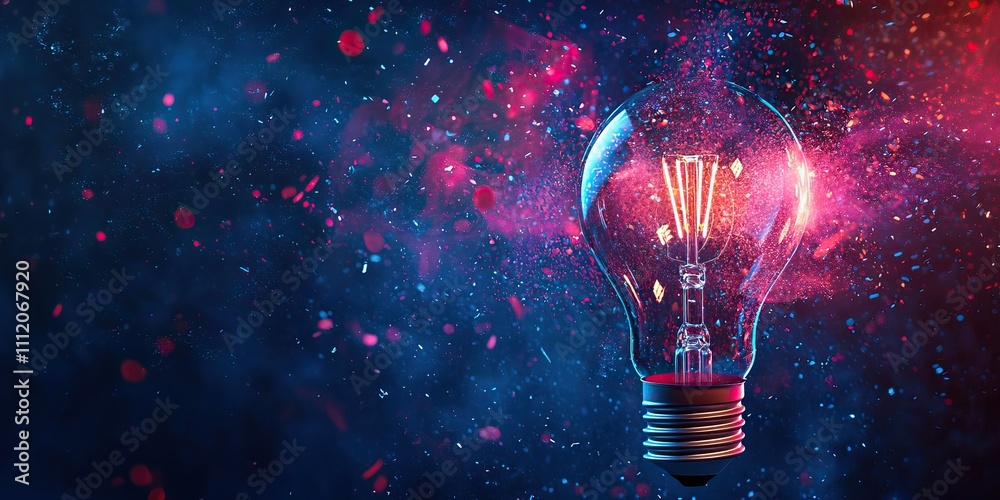 A bright light bulb emits colorful particles in a dark background, symbolizing creativity and inspiration A bright light bulb emits colorful particles in a dark background, symbolizing creativity and inspiration