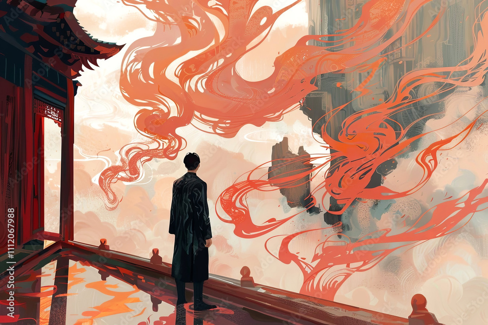 Fototapeta premium A mesmerizing fusion of tradition and futurism, where a lone figure gazes at swirling ethereal forms that bridge realms. Captivating artistry, infinite stories. Generated AI