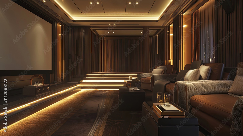 Luxurious private theater with sleek seating and ambient lighting, perfect for immersive movie nights Luxurious private theater with sleek seating and ambient lighting, perfect for immersive movie nights