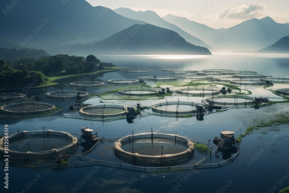 Fototapeta premium Peaceful fish farming setup with circular netted enclosures on a calm lake surrounded by stunning mountains, illuminated by soft morning light.