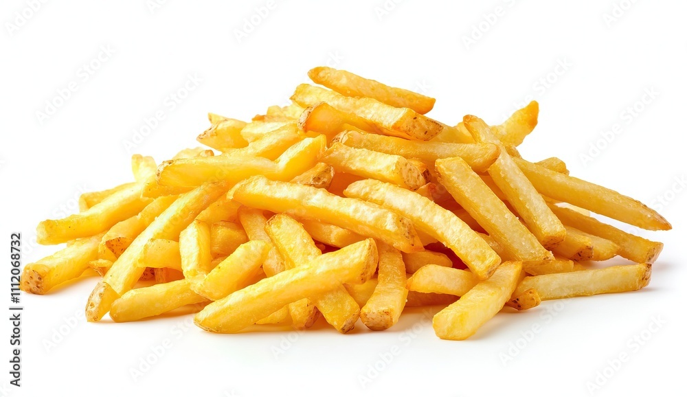 A generous pile of golden French fries sits isolated against a clean white background, ready to be enjoyed as a tasty snack or side dish A generous pile of golden French fries sits isolated against a clean white background, ready to be enjoyed as a tasty snack or side dish