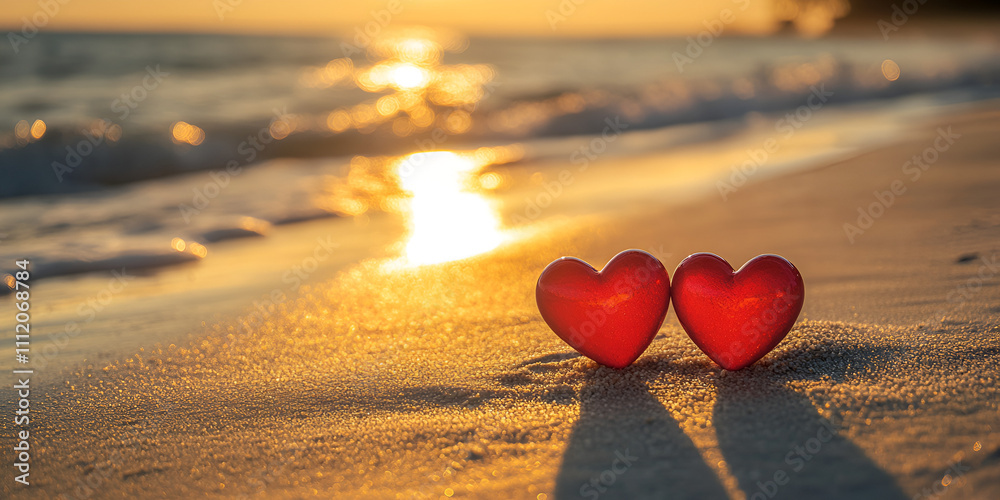 Fototapeta premium Red Hearts on Pebble Beach with Sunset Reflection