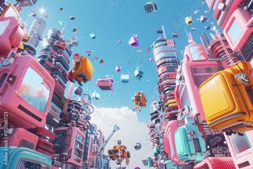 A surreal cityscape features colorful retro technology with floating robots and gadgets, creating a vibrant, futuristic atmosphere against a clear blue sky.
