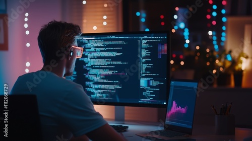 Coding in a modern workspace during late hours with colorful lights in the background