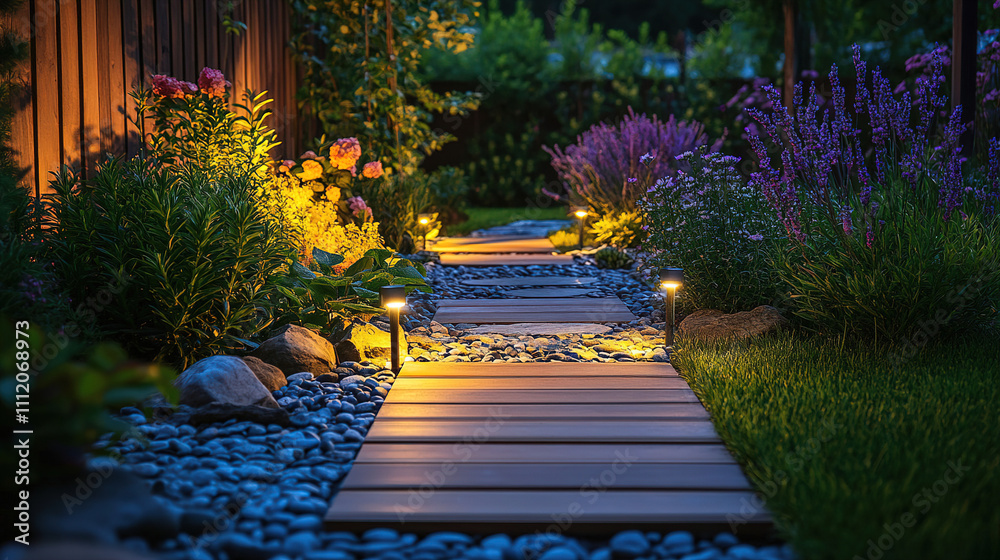 Obraz premium Serenity of a beautifully lit garden path lined with flowers under twilight sky. Generative AI
