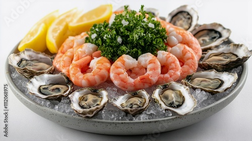 Oysters, shrimp, lemon and herbs are beautifully laid out on a gray dish photo