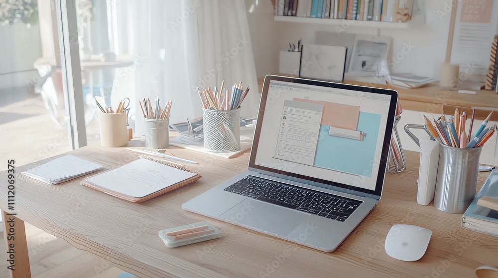 Bright home office desk setup with laptop and stationery near a window.