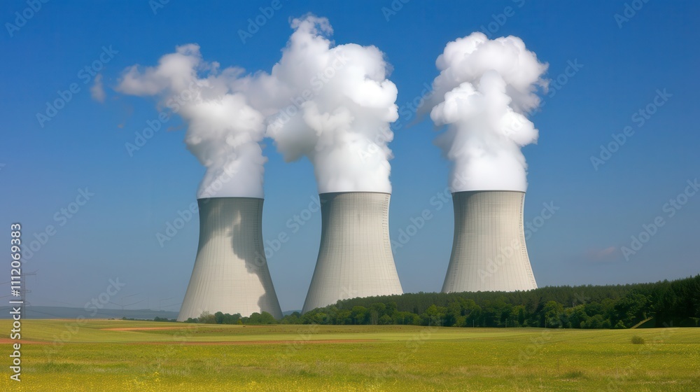 Peak energy strains the grid. Cooling towers with steam against blue sky Peak energy strains the grid. Cooling towers with steam against blue sky