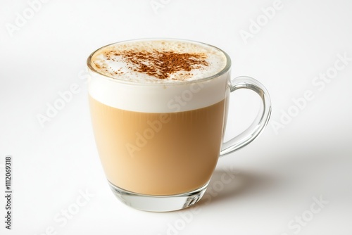 A freshly prepared cappuccino coffee served in a clear glass cup against a clean white background photo