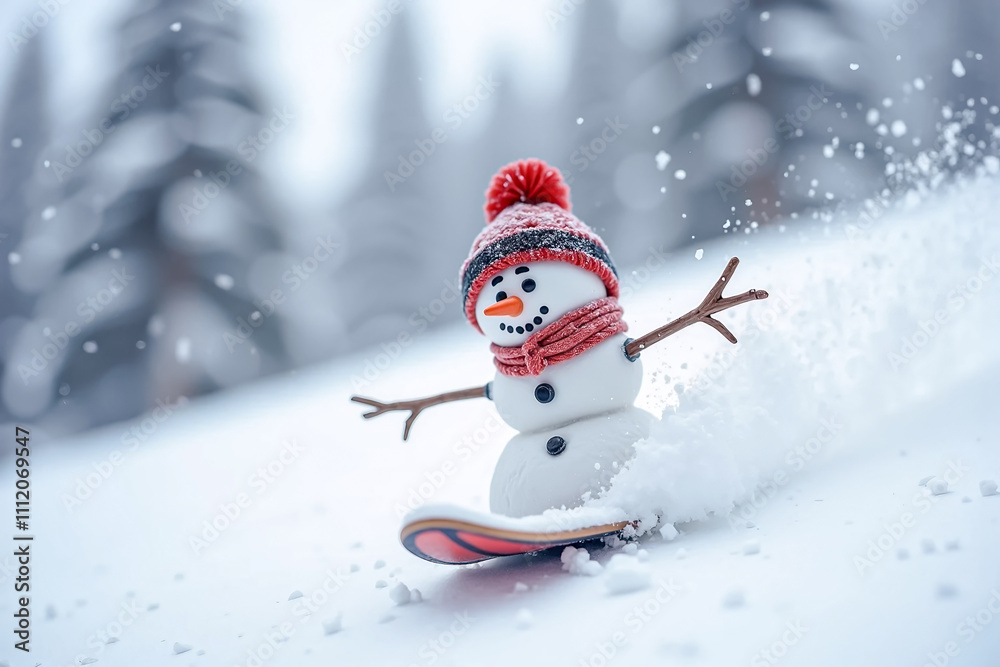 Fototapeta premium Snowman snowboarding in a winter landscape