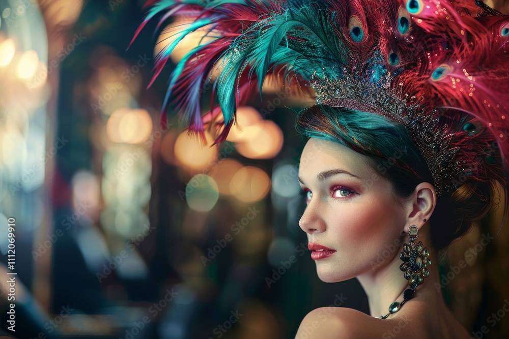 A glamorous woman adorned with an extravagant and colorful feathered headpiece poses gracefully, exuding elegance and a sense of carnival festivity.