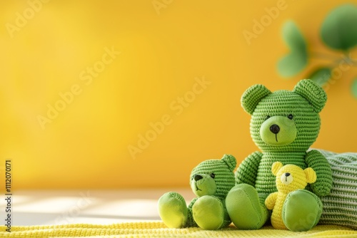 A pair of green knitted teddy bears, sitting against a sunny yellow background, symbolizes warmth and comfort, ideal for cozy and creative spaces for children. photo