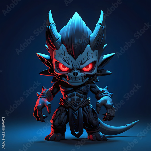 Epic battle scene chibi demon warrior fantasy realm 3d artwork dark environment dynamic perspective action-packed concept