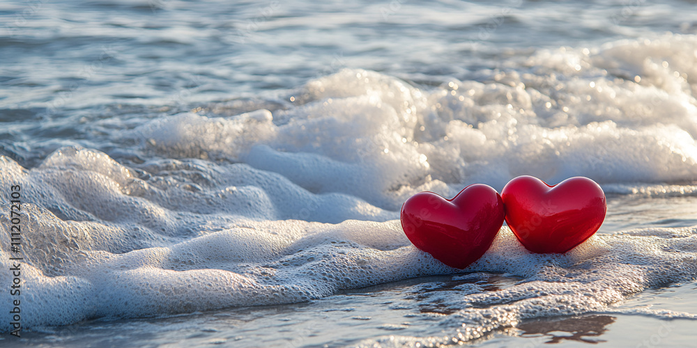 Fototapeta premium Two Red Hearts on Pebble Beach with Ocean Waves