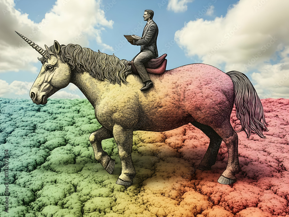 Fototapeta premium Businessman Riding Unicorn Illustration