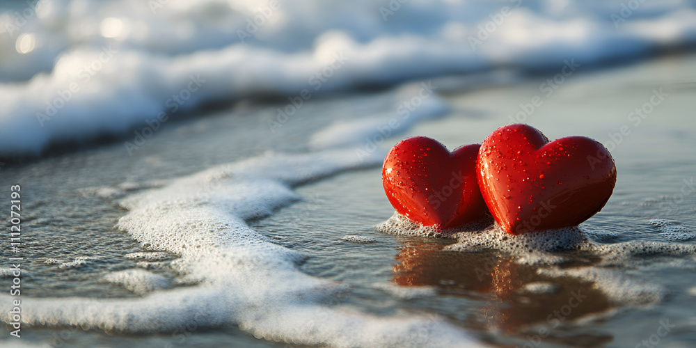 Fototapeta premium Two Red Hearts on Pebble Beach with Ocean Waves