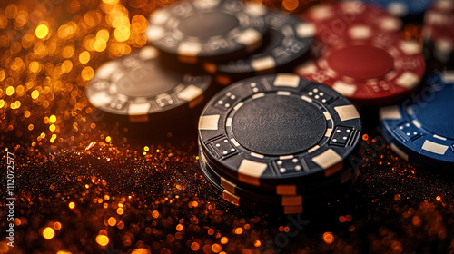 Colorful poker chips stacked and scattered on a shimmering table during a fun evening of gaming. Generative AI