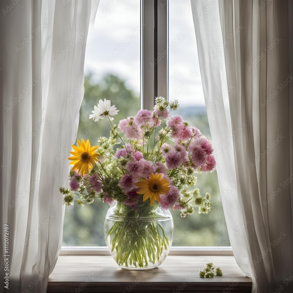 Still Life of Summer Flowers in Elegant Vase by Open Window with Windblown Curtains
Still Life of Summer Flowers in Elegant Vase by Open Window with Windblown Curtains