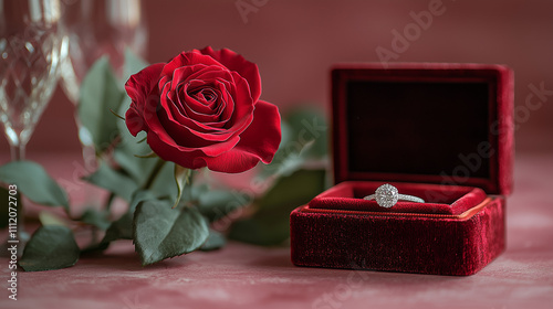 A timeless promise: A single red rose blooms alongside an open ring box, a symbol of love, commitment, and the joy of new beginnings. photo