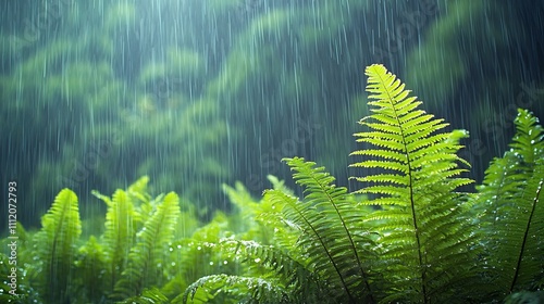 Fern Crisp Vital, Crisp Ferns in a Tropical Rainstorm - Dynamic and Life-Filled Composition photo