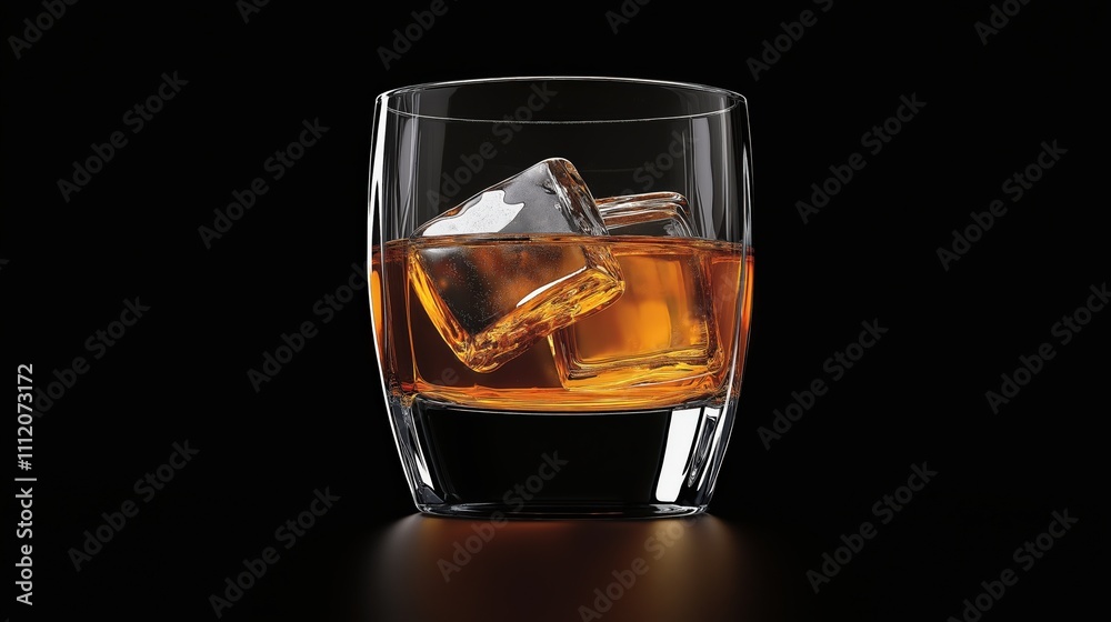 Glass of whiskey with ice cubes against a black background Glass of whiskey with ice cubes against a black background