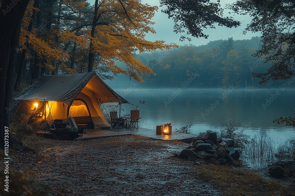 Fototapeta premium Illuminated Campsite Beside Tranquil Autumn Lake