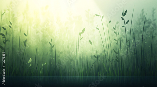 A serene landscape of a wetland ecosystem, with reeds and aquatic plants showcasing transpiration in action. Gentle mist rises from the leaves under the warm sunlight, blending seamlessly with the