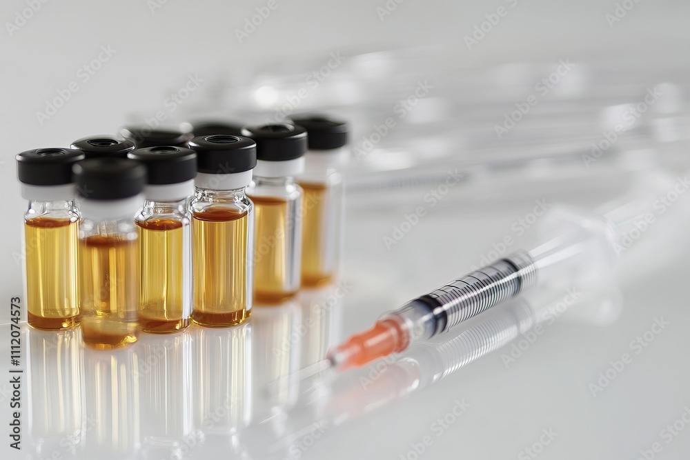 Close-up of vaccine vials and syringes with medical and laboratory context. AI generated image Close-up of vaccine vials and syringes with medical and laboratory context. AI generated image