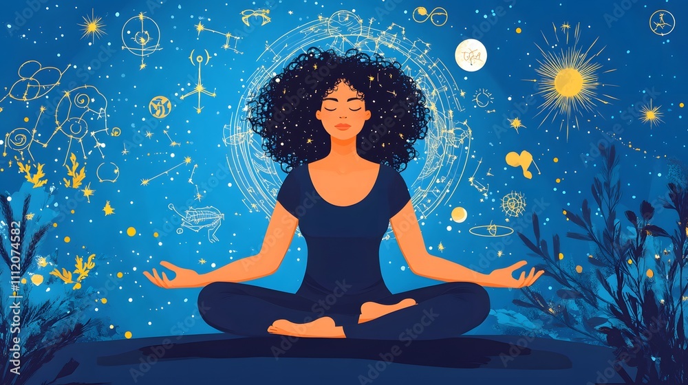 Woman meditating surrounded by zodiac signs Woman meditating surrounded by zodiac signs