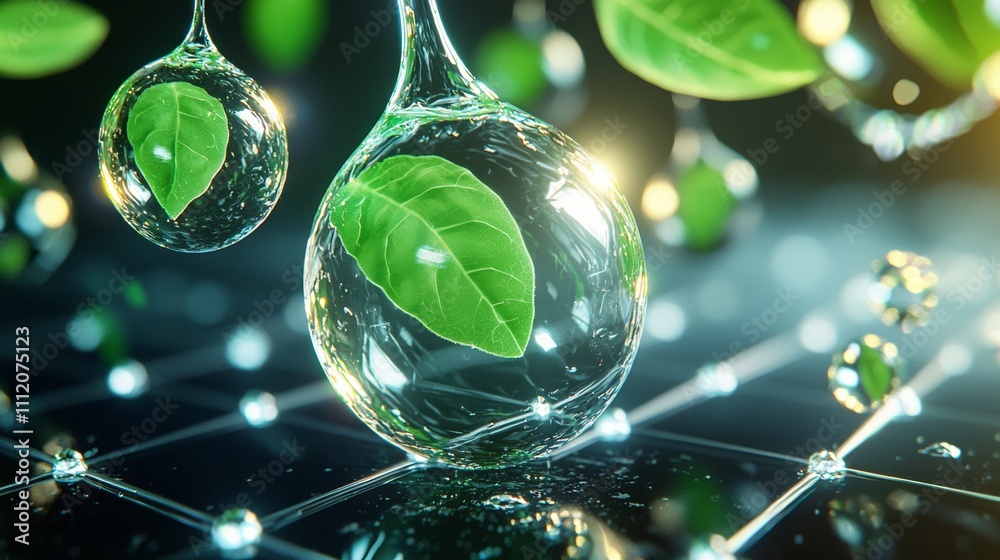A close-up view of water droplets containing green leaves, set against a shimmering background, highlighting elements of nature and freshness.