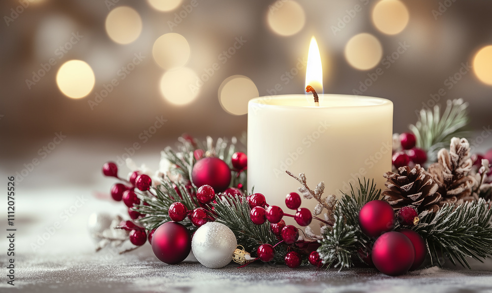 A winter wonderland card with a lit candle surrounded by snow-covered branches and red berries. A winter wonderland card with a lit candle surrounded by snow-covered branches and red berries.