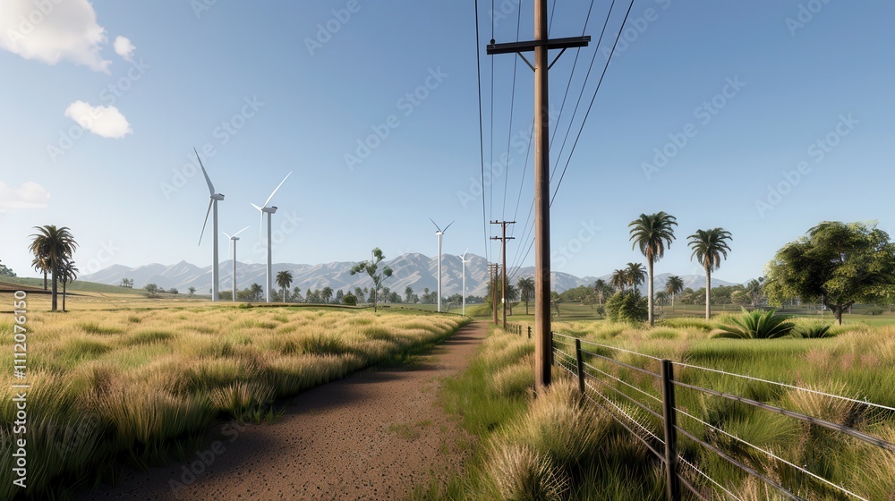 Peak energy strains the grid. Scenic landscape with wind turbines and path Peak energy strains the grid. Scenic landscape with wind turbines and path