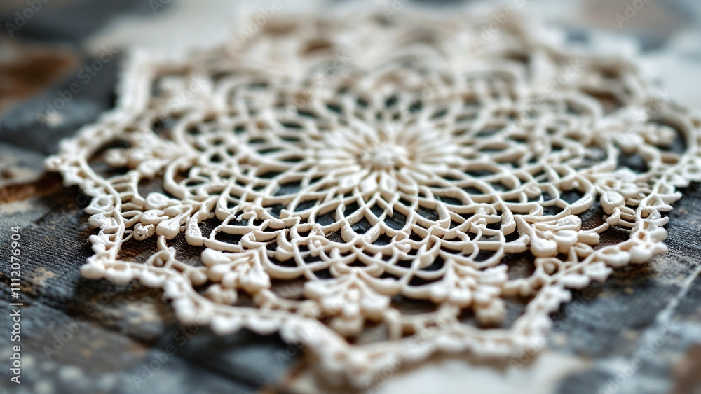 Intricate lace doily with a delicate pattern on a rustic wooden surface Intricate lace doily with a delicate pattern on a rustic wooden surface