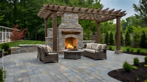Large gray pergola on pavers with stone fireplace and waterfall urns for backyard oasis landscape design