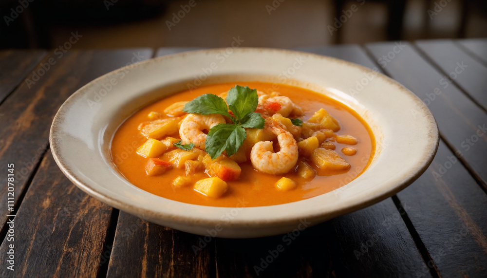 Creamy chupe de camarones in rustic style in warm orange with shrimp, potatoes, corn for hearty meal Creamy chupe de camarones in rustic style in warm orange with shrimp, potatoes, corn for hearty meal