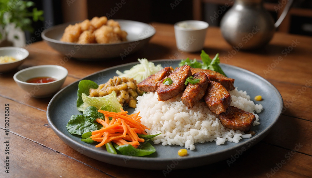 Vietnamese com tam meal in rustic style in warm tones representing Asian cuisine Vietnamese com tam meal in rustic style in warm tones representing Asian cuisine