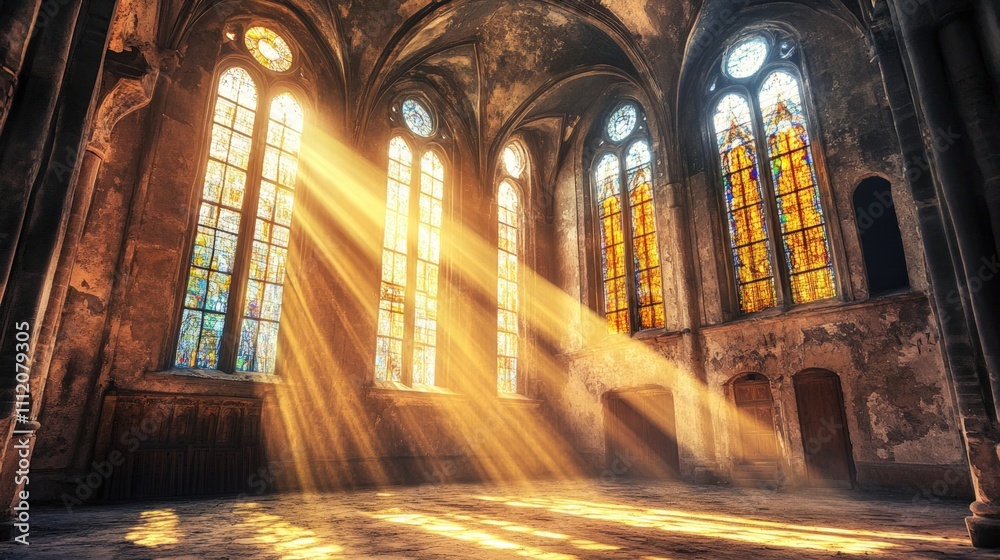 Fototapeta premium Sunbeams illuminate stained-glass windows in a decaying church.
