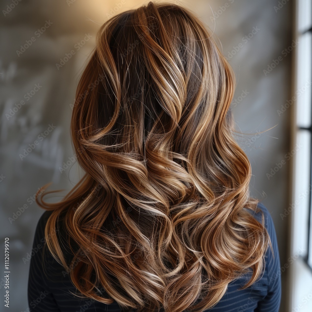Fototapeta premium Women, caramel highlights on brown hair layering wavy hair color.