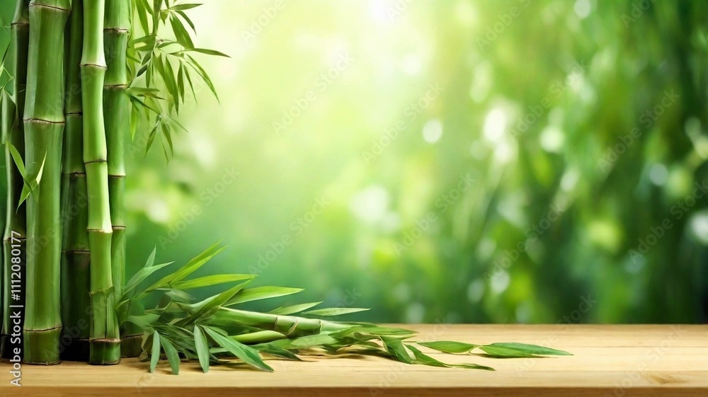 bamboo leaves with wooden desk in forest background, product photography bamboo leaves with wooden desk in forest background, product photography