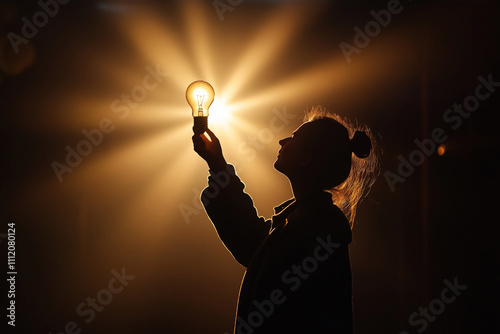 bright idea concept. woman holds lightbulb in a dark room photo