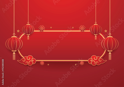 Happy Chinese new year 2025. Chinese new year banner for show product. Greeting card. China frame with lantern on red background.