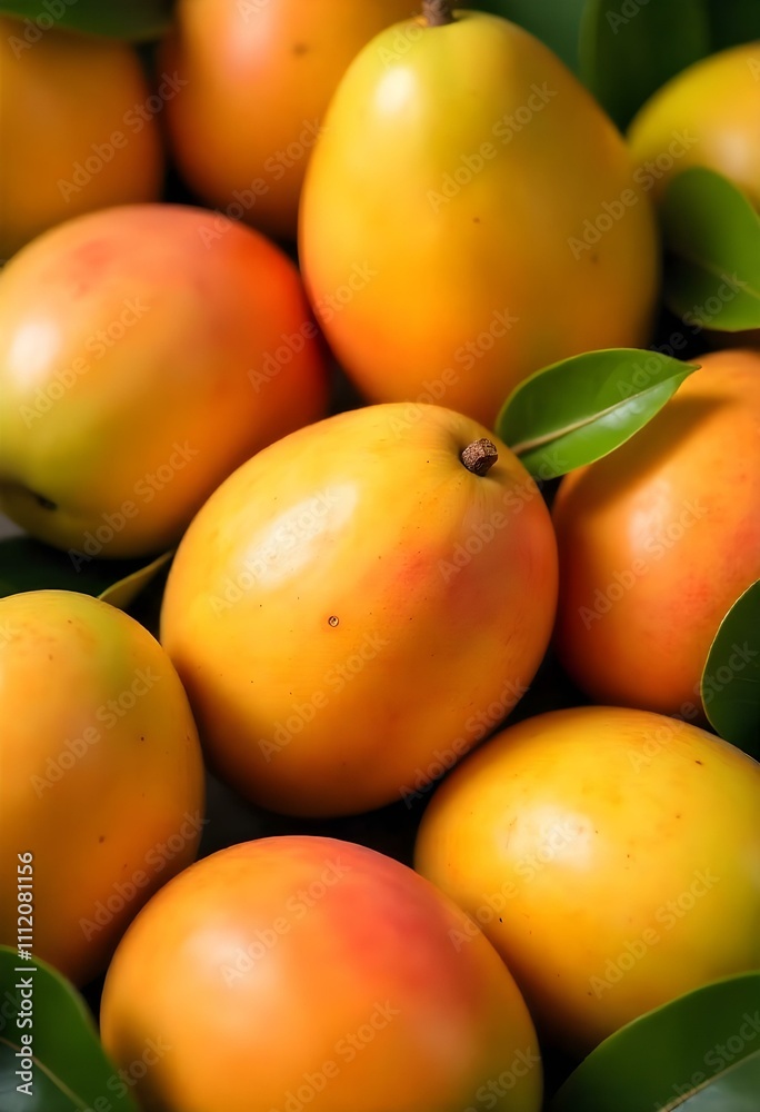 A vibrant display of fresh, ripe mangoes with green leaves. This image showcases the rich colors and natural beauty of these juicy fruits A vibrant display of fresh, ripe mangoes with green leaves. This image showcases the rich colors and natural beauty of these juicy fruits