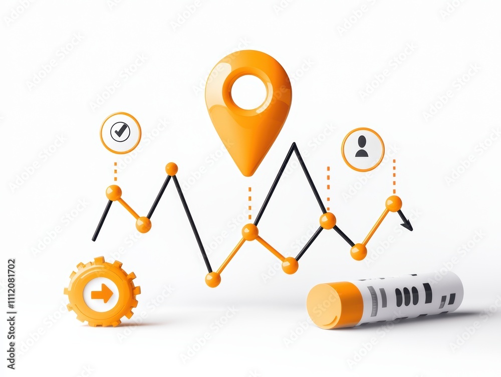 A stylized graphic depicting analytics with a location pin, gear, user icon, and a fluctuating line graph in orange and black colors. A stylized graphic depicting analytics with a location pin, gear, user icon, and a fluctuating line graph in orange and black colors.