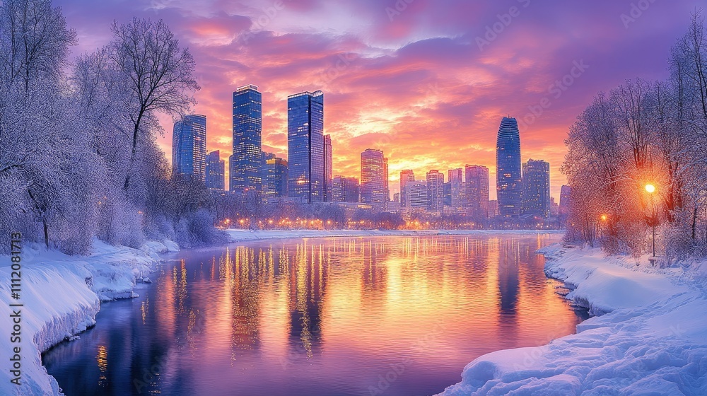 Obraz premium A serene winter cityscape at sunset, reflecting vibrant colors on a river.