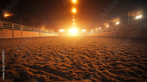 Sunlight streaming through barn doors illuminates sandy indoor riding arena at dusk. Generative AI