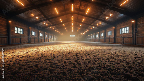 Spacious indoor riding arena with warm lighting and sandy floor in an equestrian facility. Generative AI
