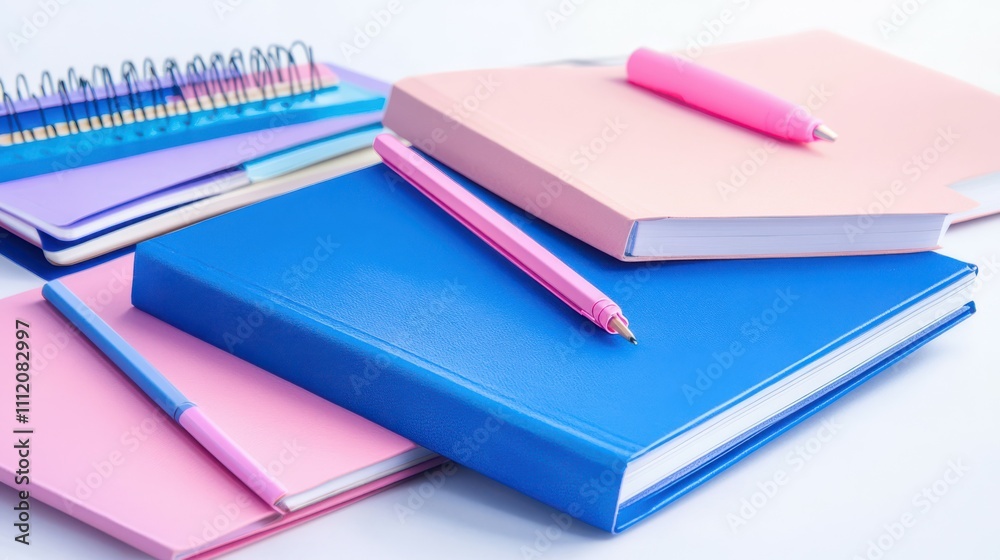 Blue and pink notebooks with stationery on a white background Blue and pink notebooks with stationery on a white background
